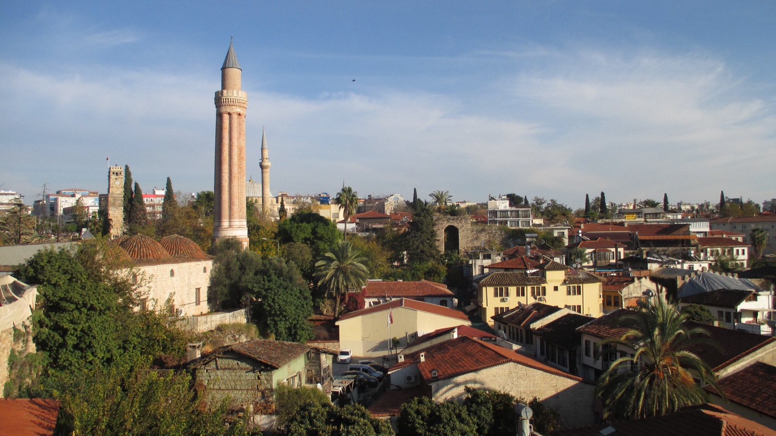 Antalya Kaleiçi old town — clock tower and Yivli Minare panorama